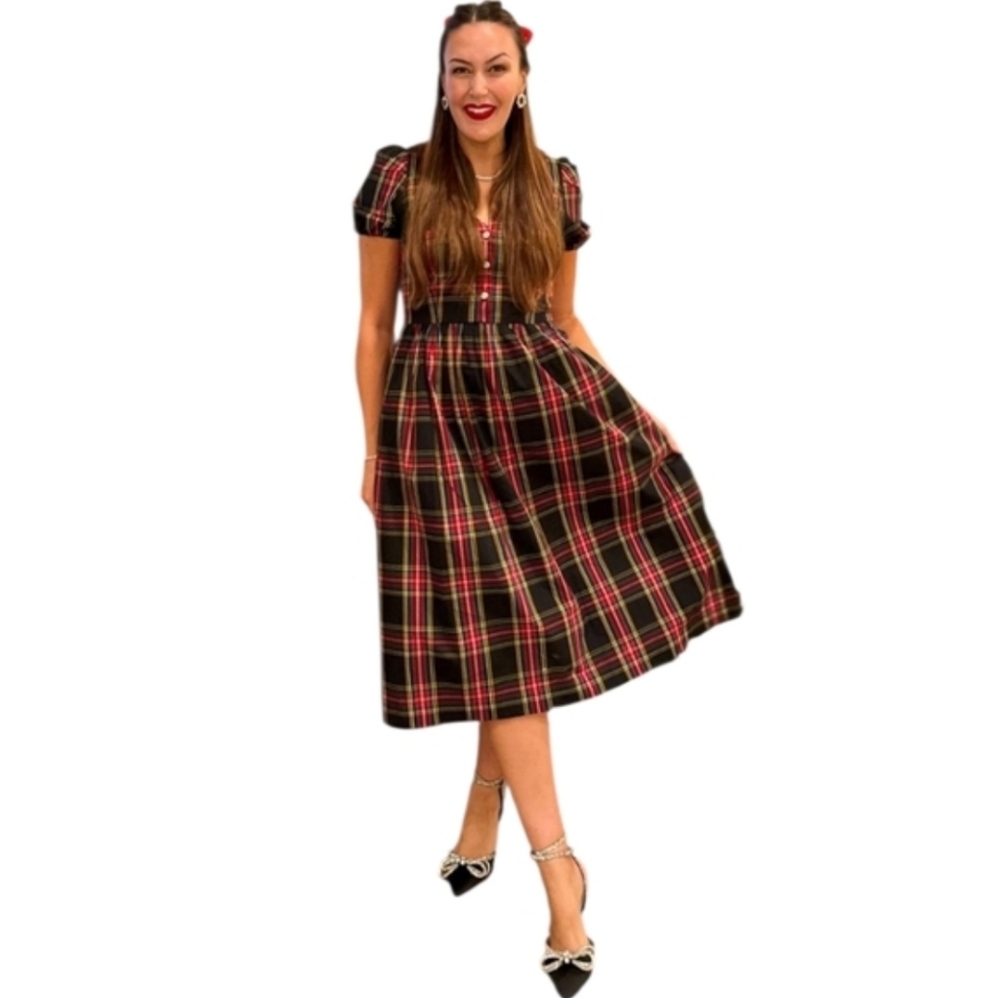 J.Crew Tarten Black/Red Plaid Nwot Puff Sleeve V Neck Bling Buttons Midi Dress